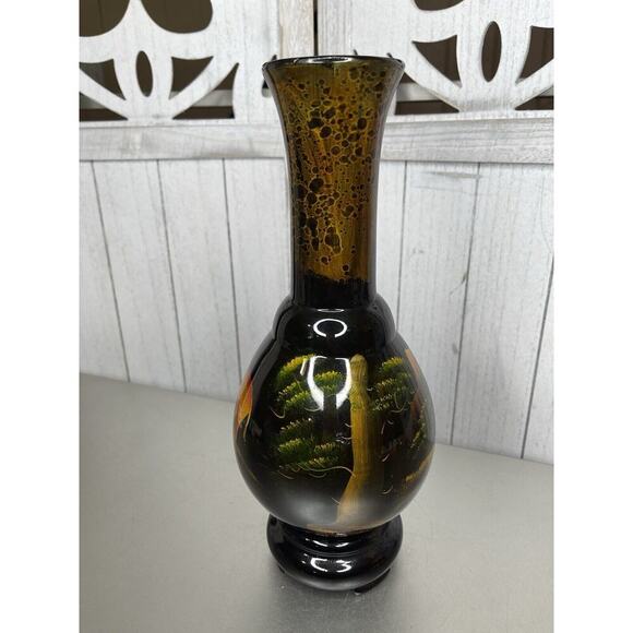 VINTAGE Chinese Lacquer Wooden Vase HAND PAINTED Elephants DECOR - Picture 3 of 7